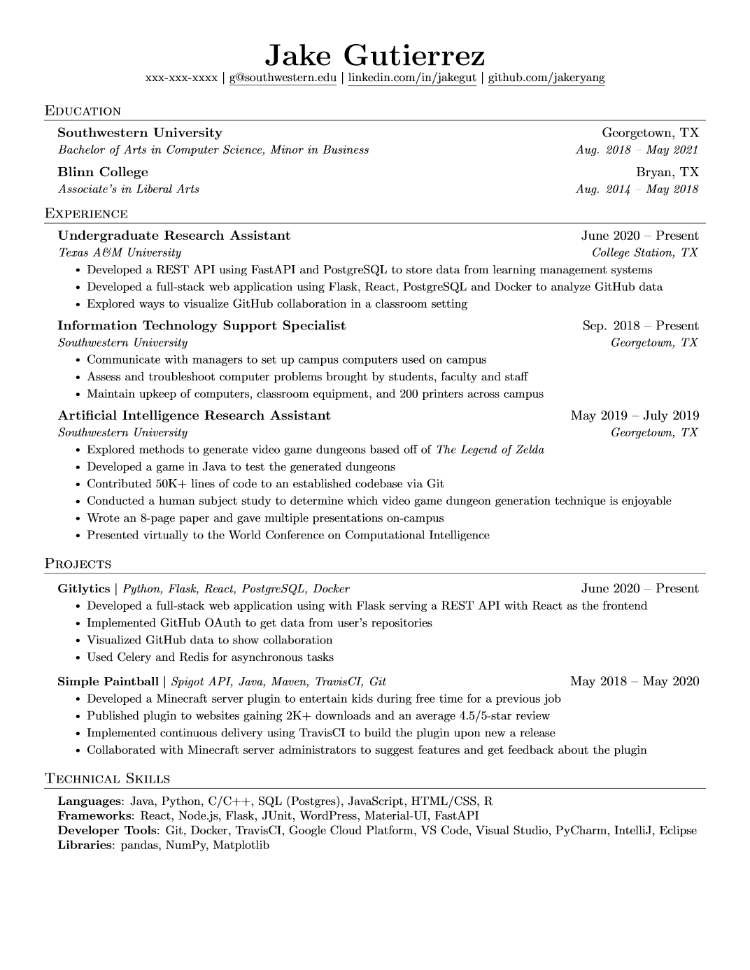 ตัวอย่าง Jake's Resume สำหรับ software engineer